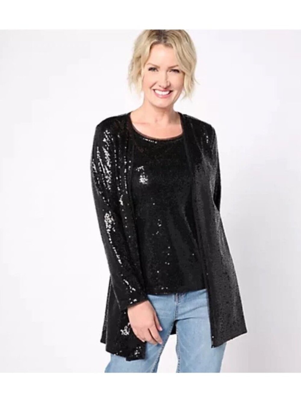 Isaac Mizrahi Live! Cardigan 2X Long Sleeve Sequin Black Embellished Eveningwear